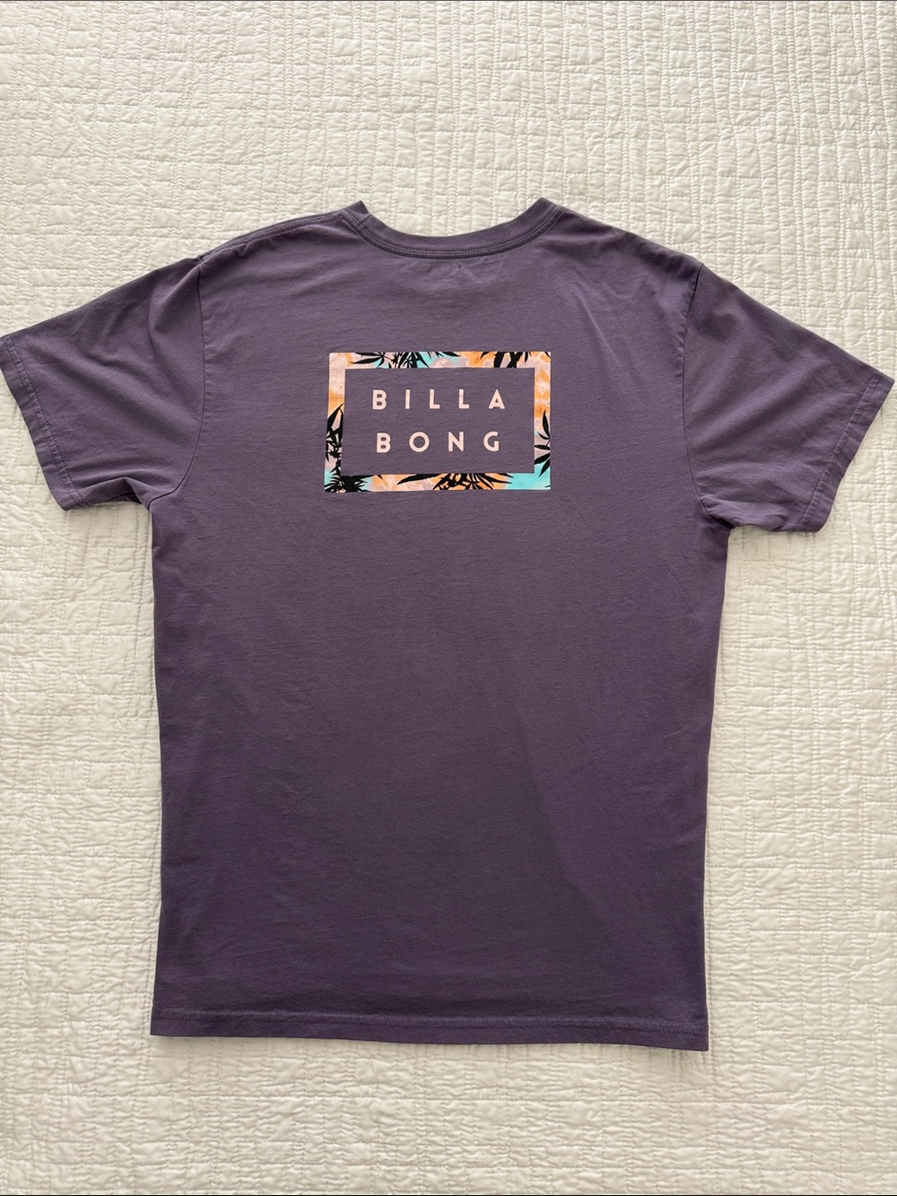 Billabong Purple Short Sleeve Logo Tee with Tropical Back Print